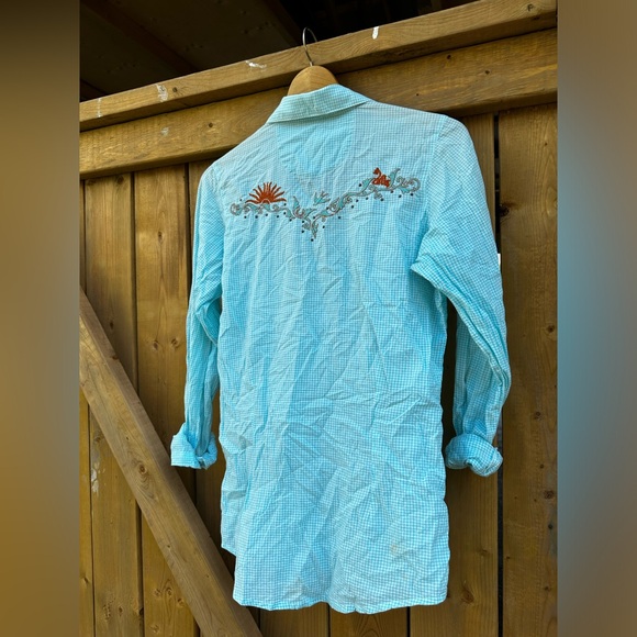 Vintage Western Shirt Cowgirl Southwestern Aqua Orange Country Top Festival - Picture 4 of 17